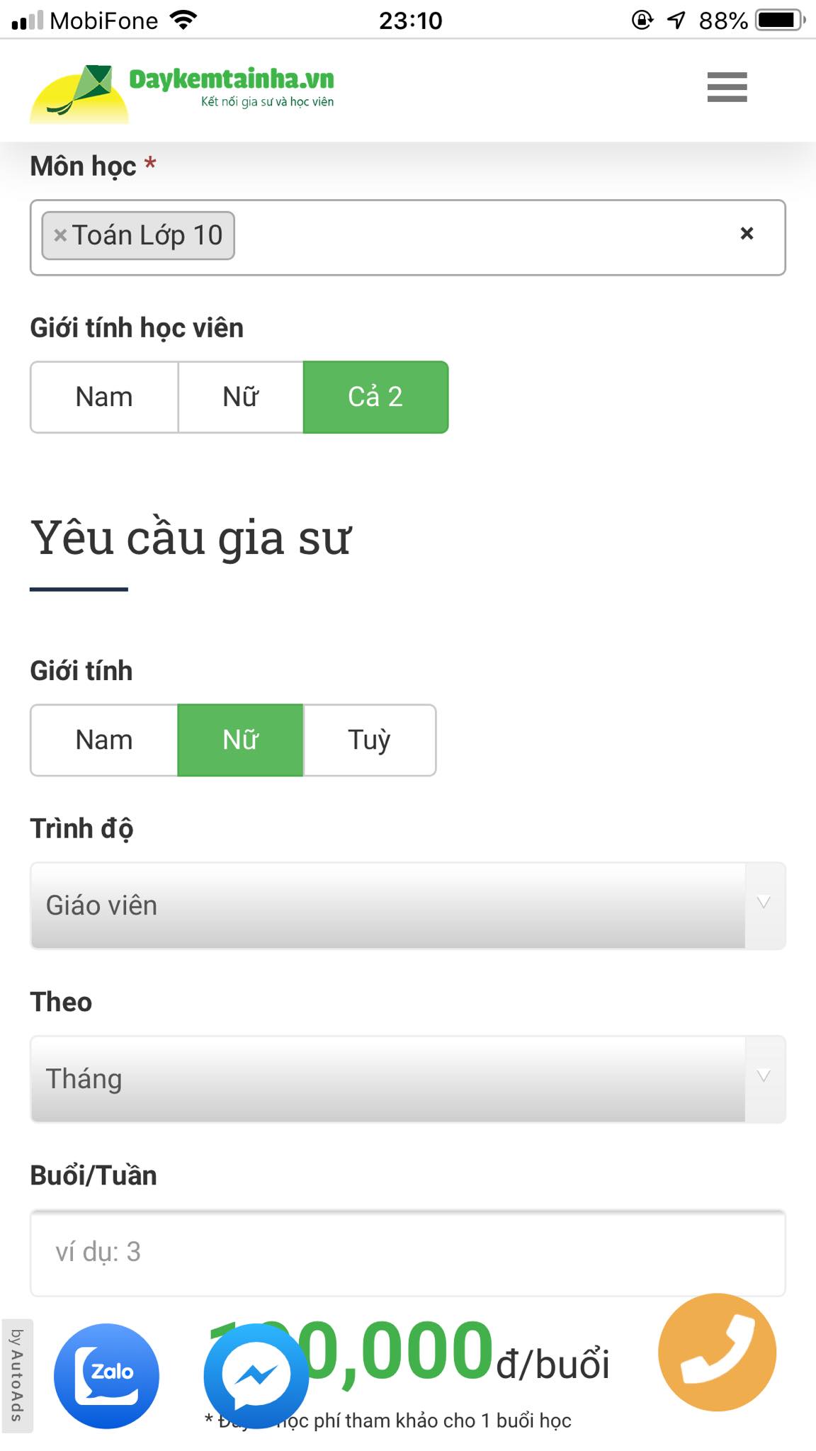 Học phí Toán lớp 10